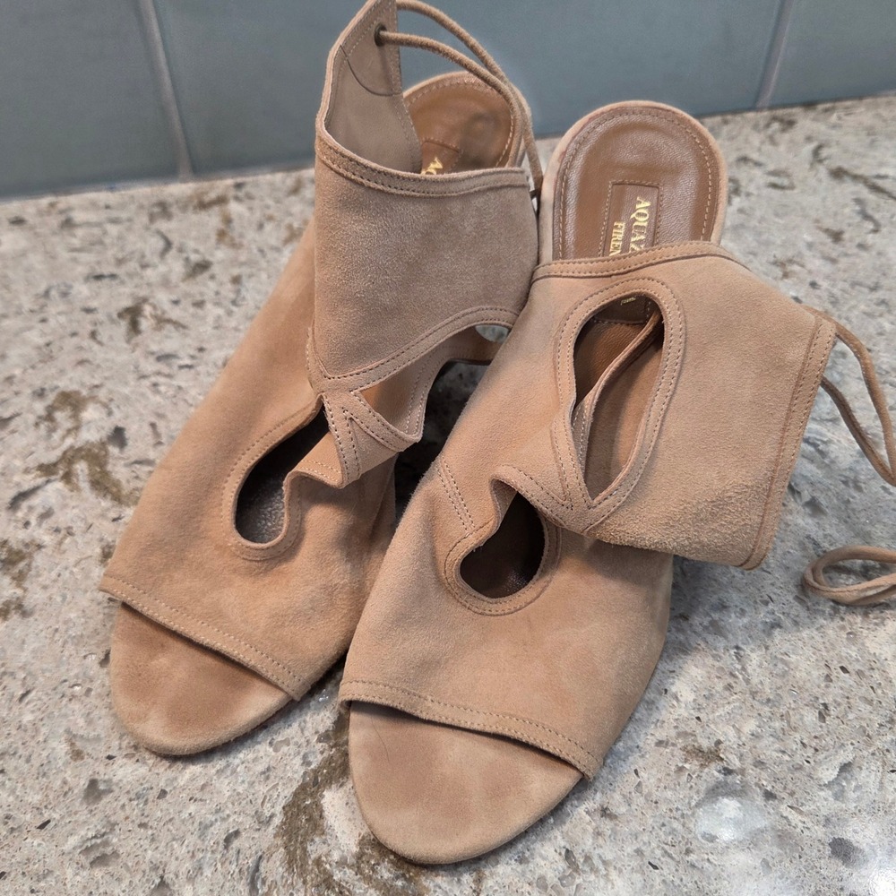 Aquazzura Firenze Tan Suede Lace Up Wedge Sandals Peep Toe 38 Made in Italy